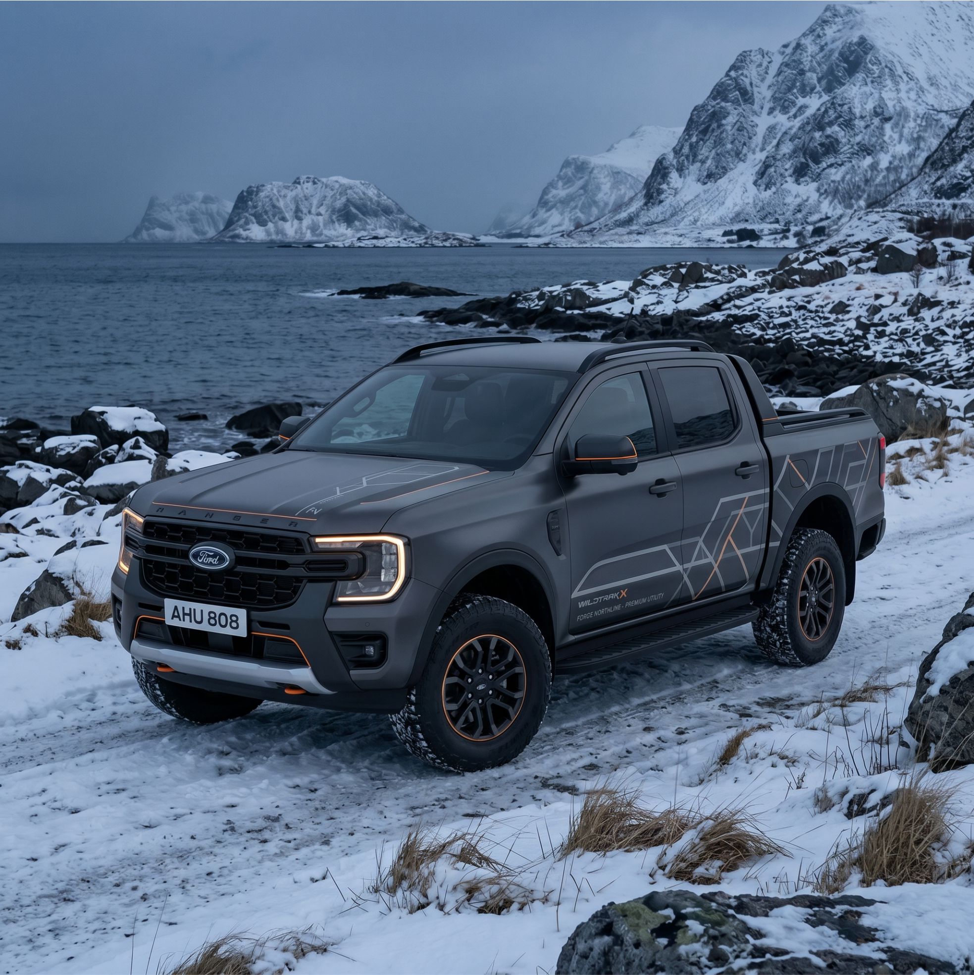 Ford Ranger with premium mountain-inspired graphics in a snowy landscape