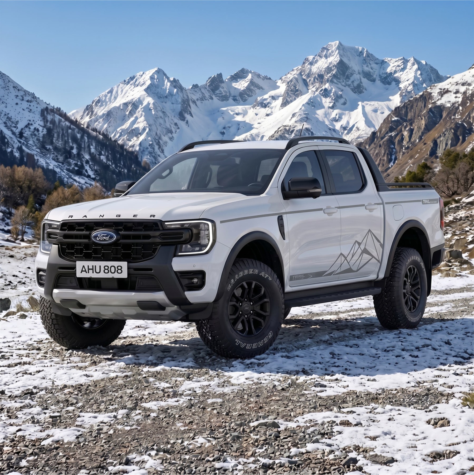 White Ford Ranger with subtle grey mountain side graphic